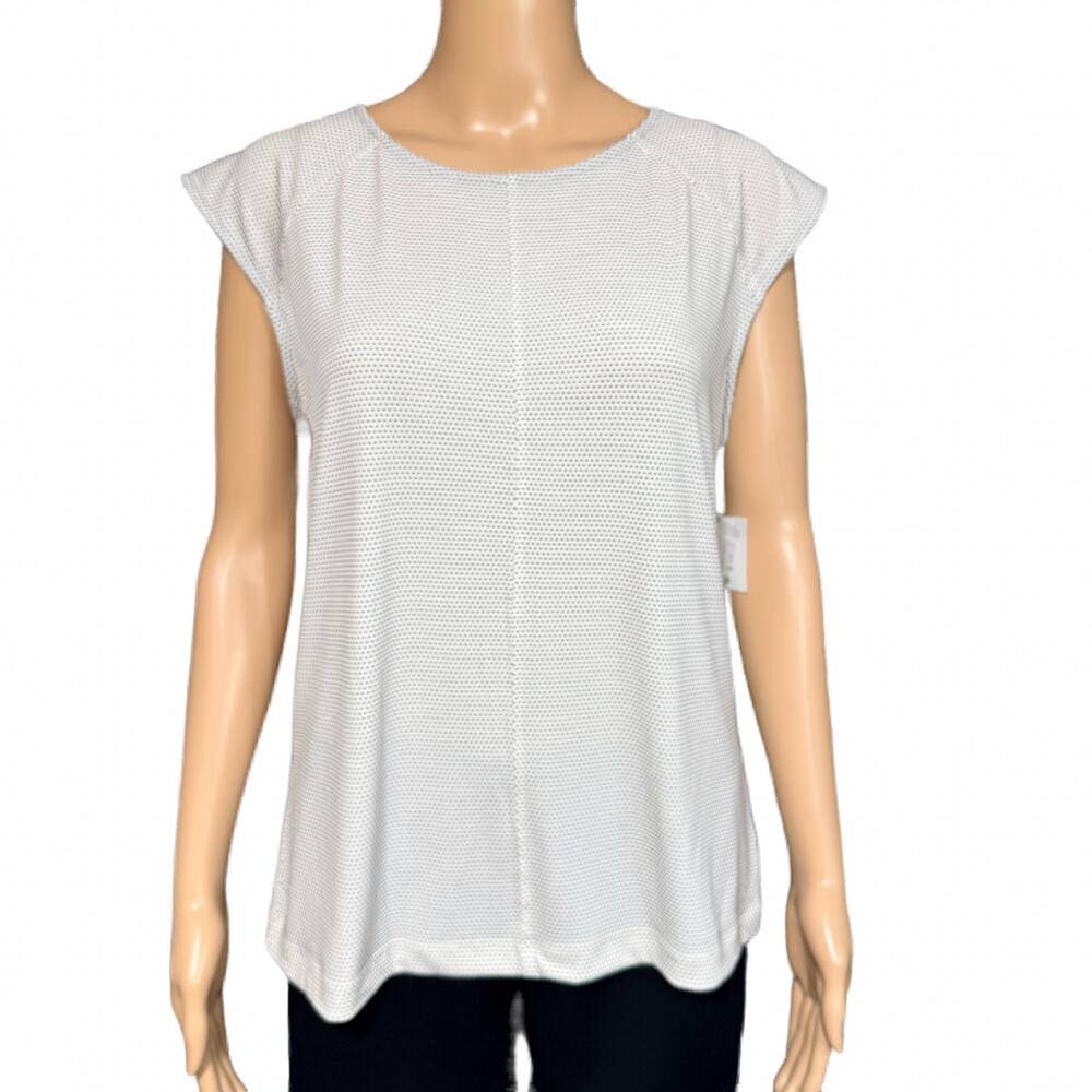 Liz Claiborne Womens Blouse Shirt Top Cap Sleeve Dash Print Black White Medium